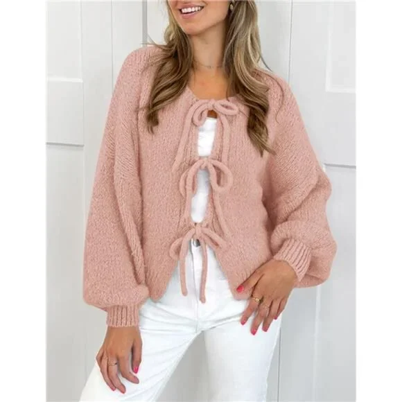 Women's Tie Front Bow Cardigan Sweaters Chunky Knit Long Puff - Picture 3 of 7